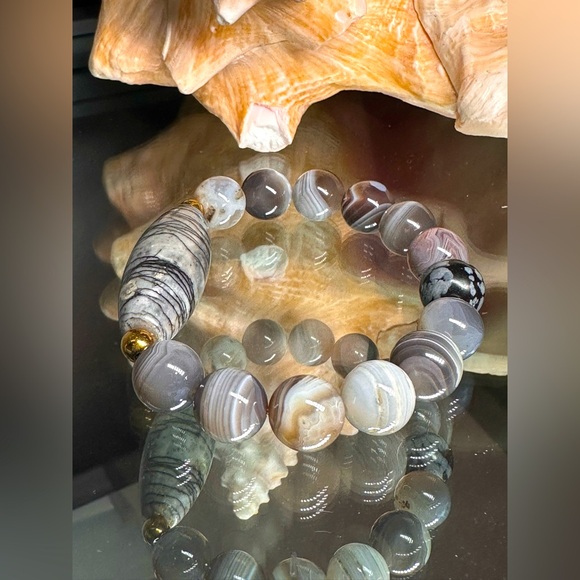 AGATE BANDED + NET JASPER NATURAL STONES BRACELET Size 7” - Picture 5 of 10